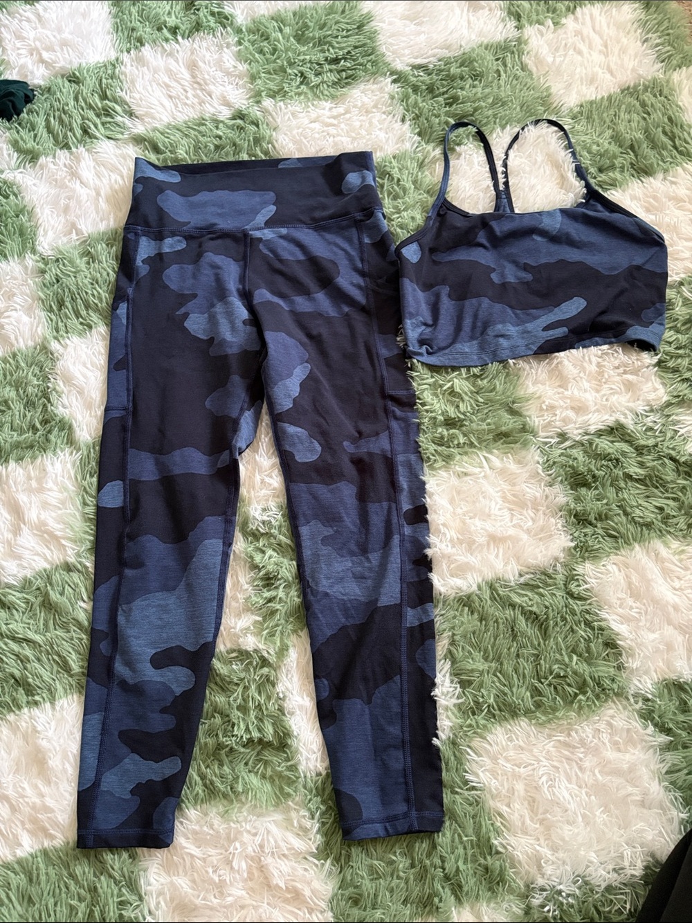 High-Waist Blue Camo Leggings with Matching Sports Bra Set aerie